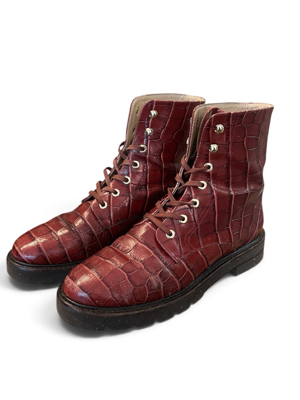 Stuart Weitzman Mila Lift Croc-Embossed Leather Combat Boots Burgundy 7.5